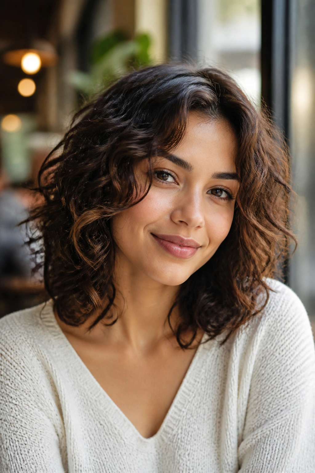 Close-up portrait of a real woman with shoulder-length curls and face-framing layers.