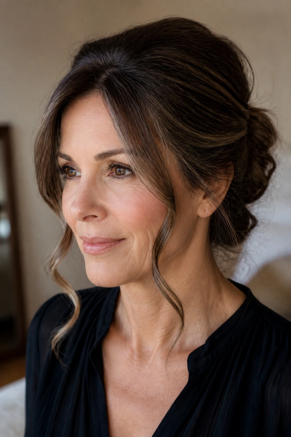Close-up of a real woman with face-framing pieces around her cheeks, soft lighting.