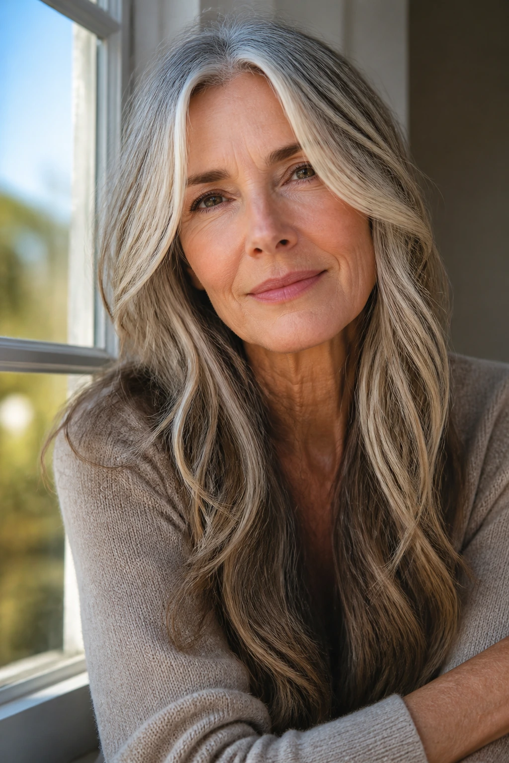 Close-up of a real woman with long hair and face-framing highlights in golden light