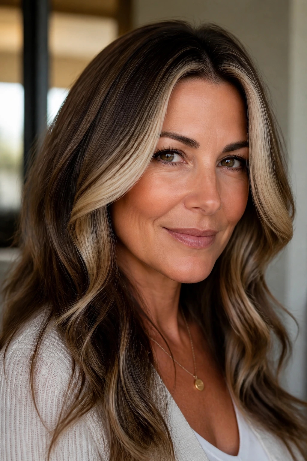 Close-up of a woman with money-piece face-framing highlights.