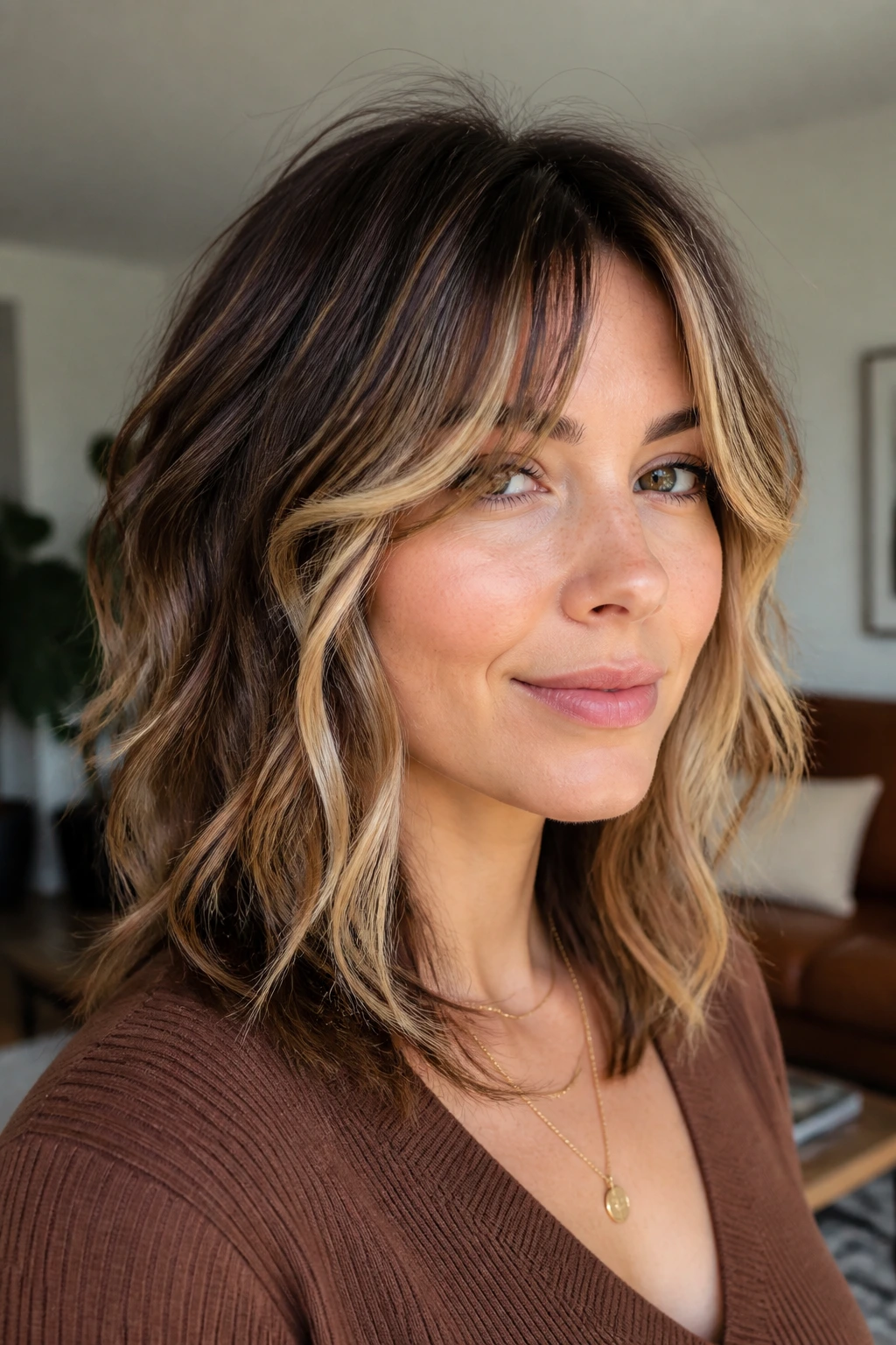 Close-up portrait showing face-framing highlights on a shag haircut.