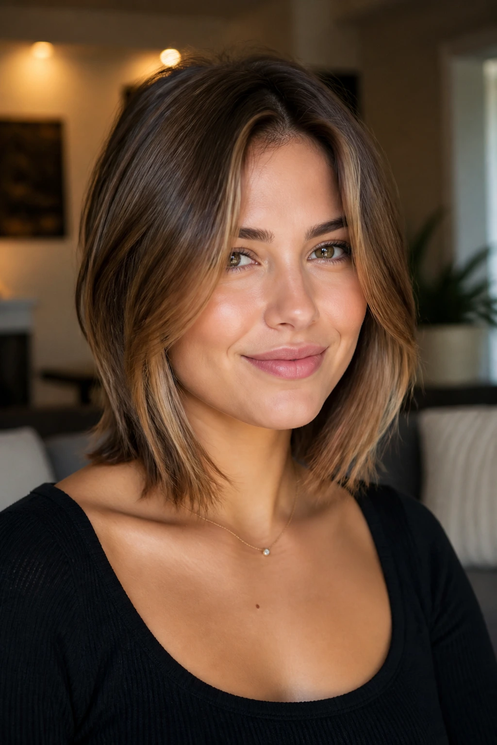 Close-up portrait of a real woman with chin-length face-framing layers