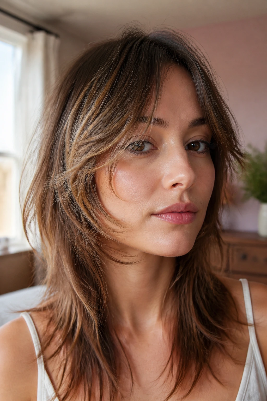 Close-up of a real woman's face-framing shag with wispy ends.