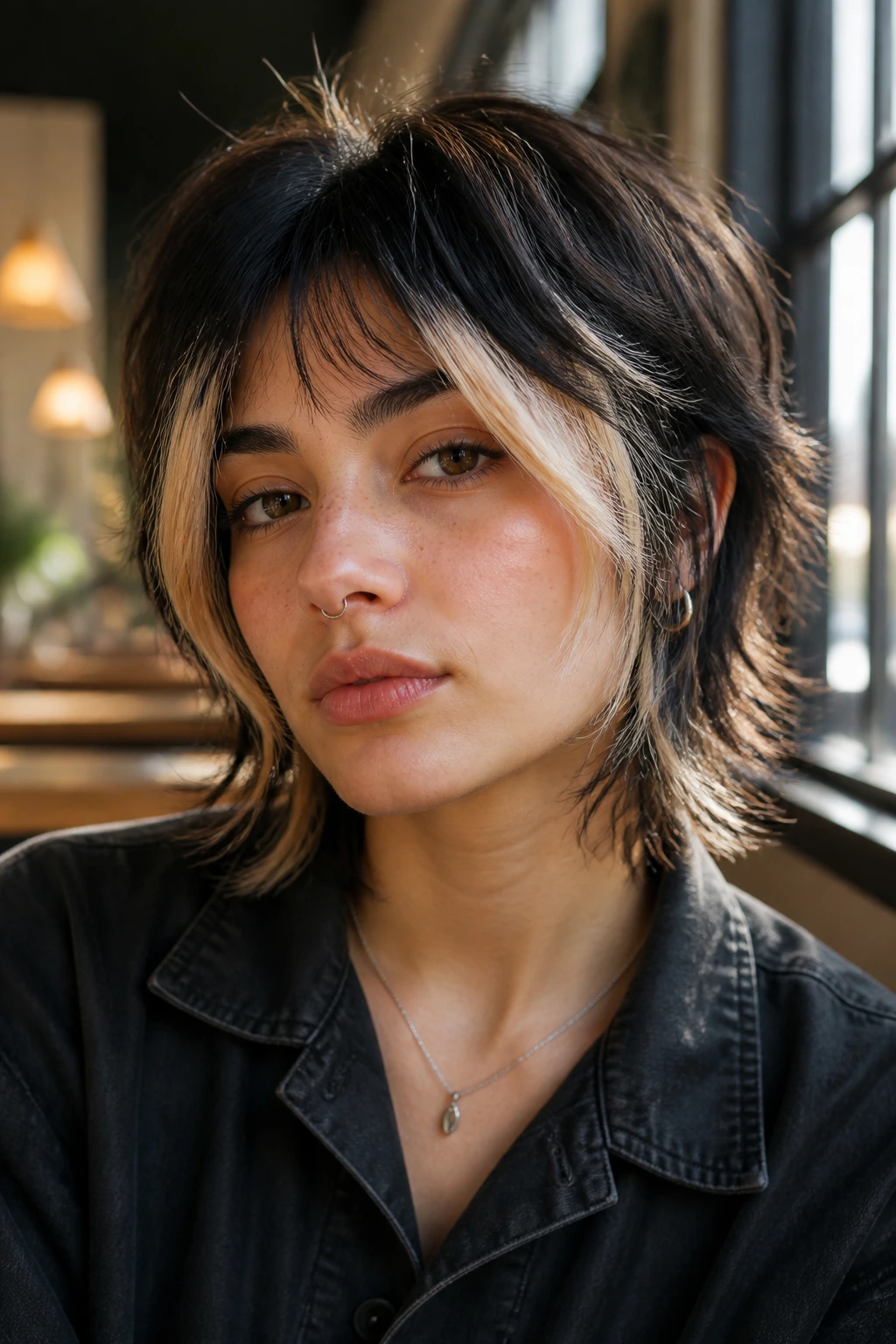 Close-up portrait of a real person with a short wolf cut featuring front face-framing color streaks