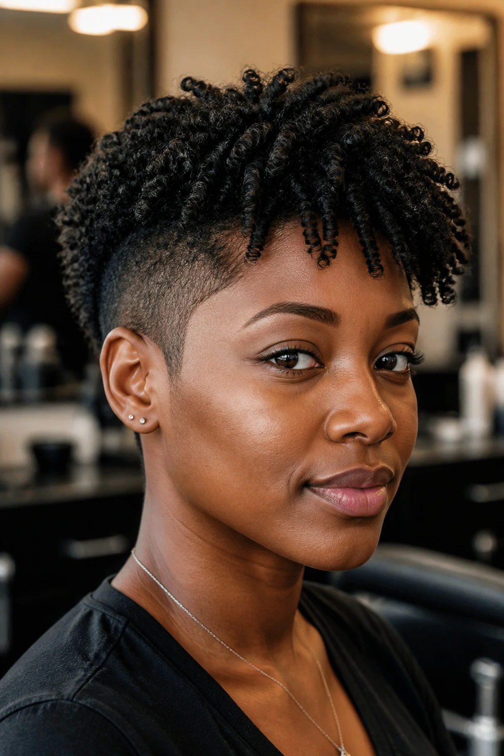 Close-up of a Black woman with a fade and twist-out on top