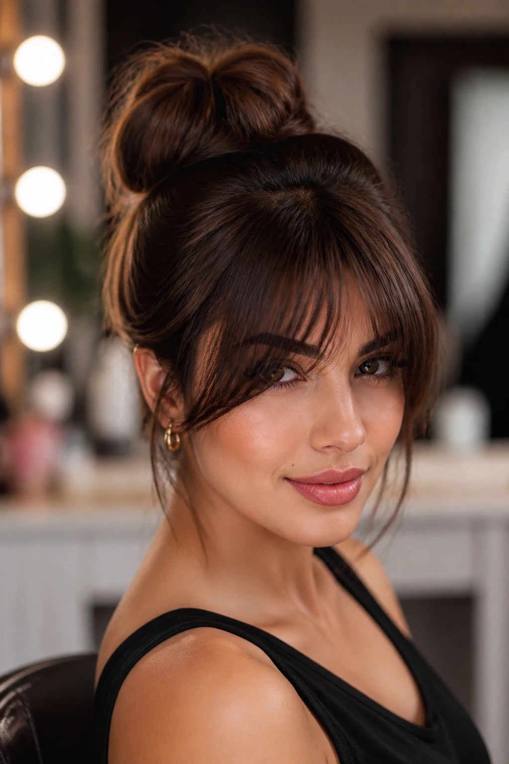 Portrait of person with faux-bang updo and draped fringe.