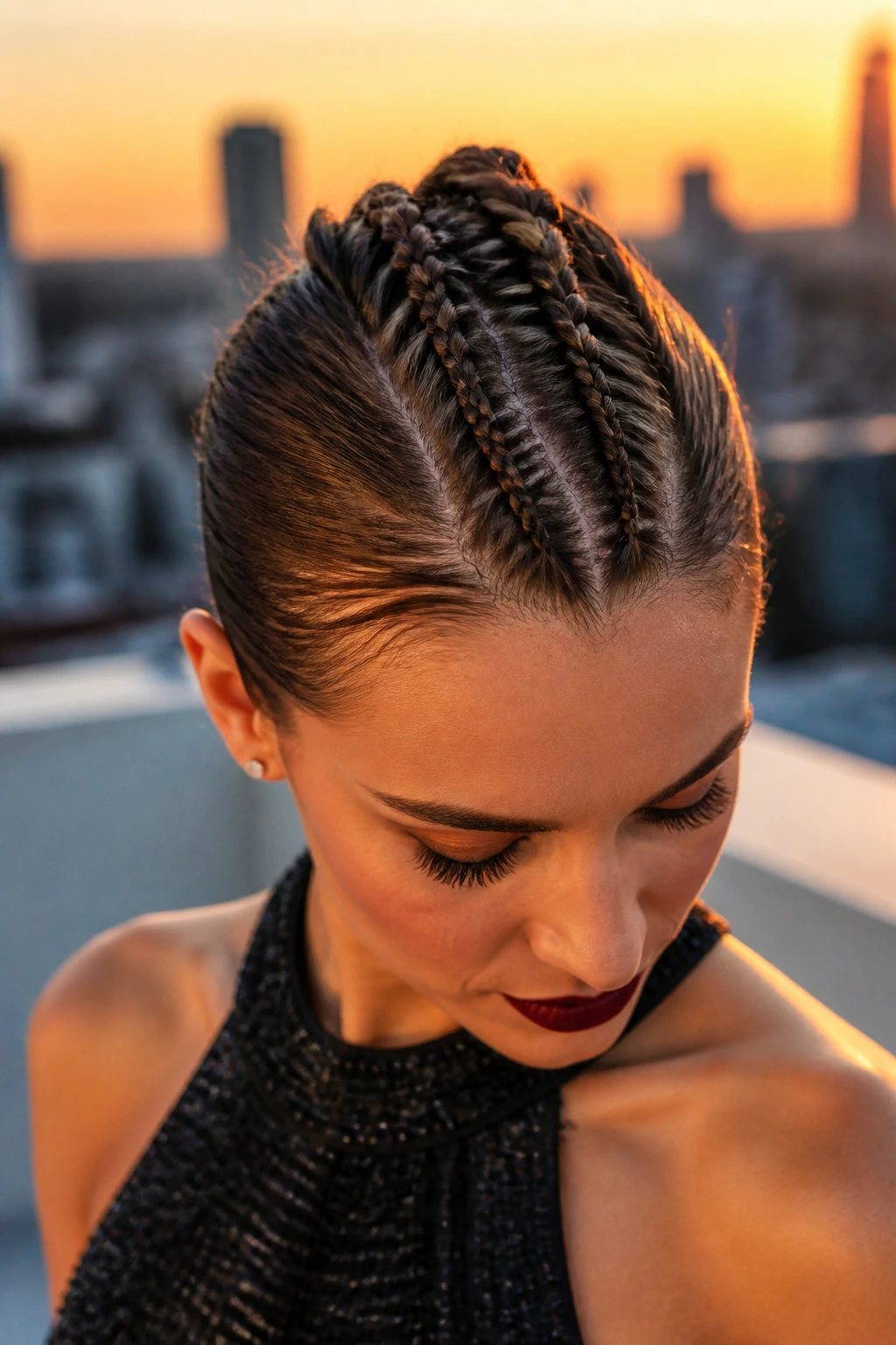 Close-up of a real woman with center center braids creating a faux mohawk