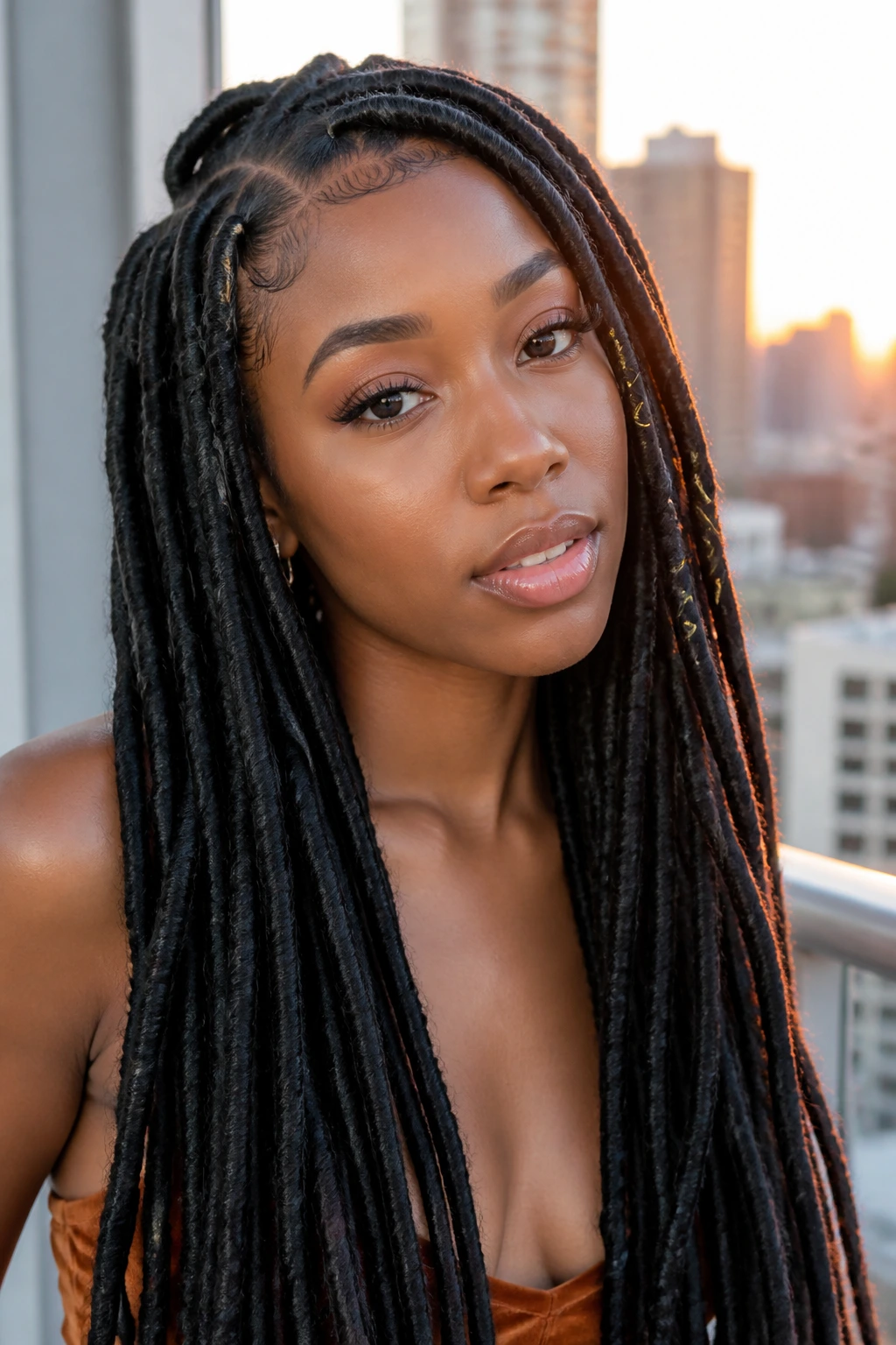 Close-up of a real woman wearing long faux locs in an urban outdoor setting