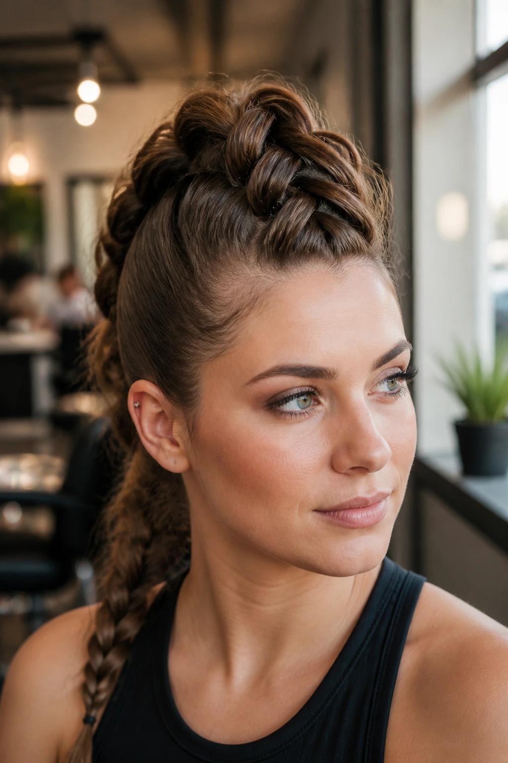 Close-up of a real woman with a tall center faux-hawk French braid in warm salon light
