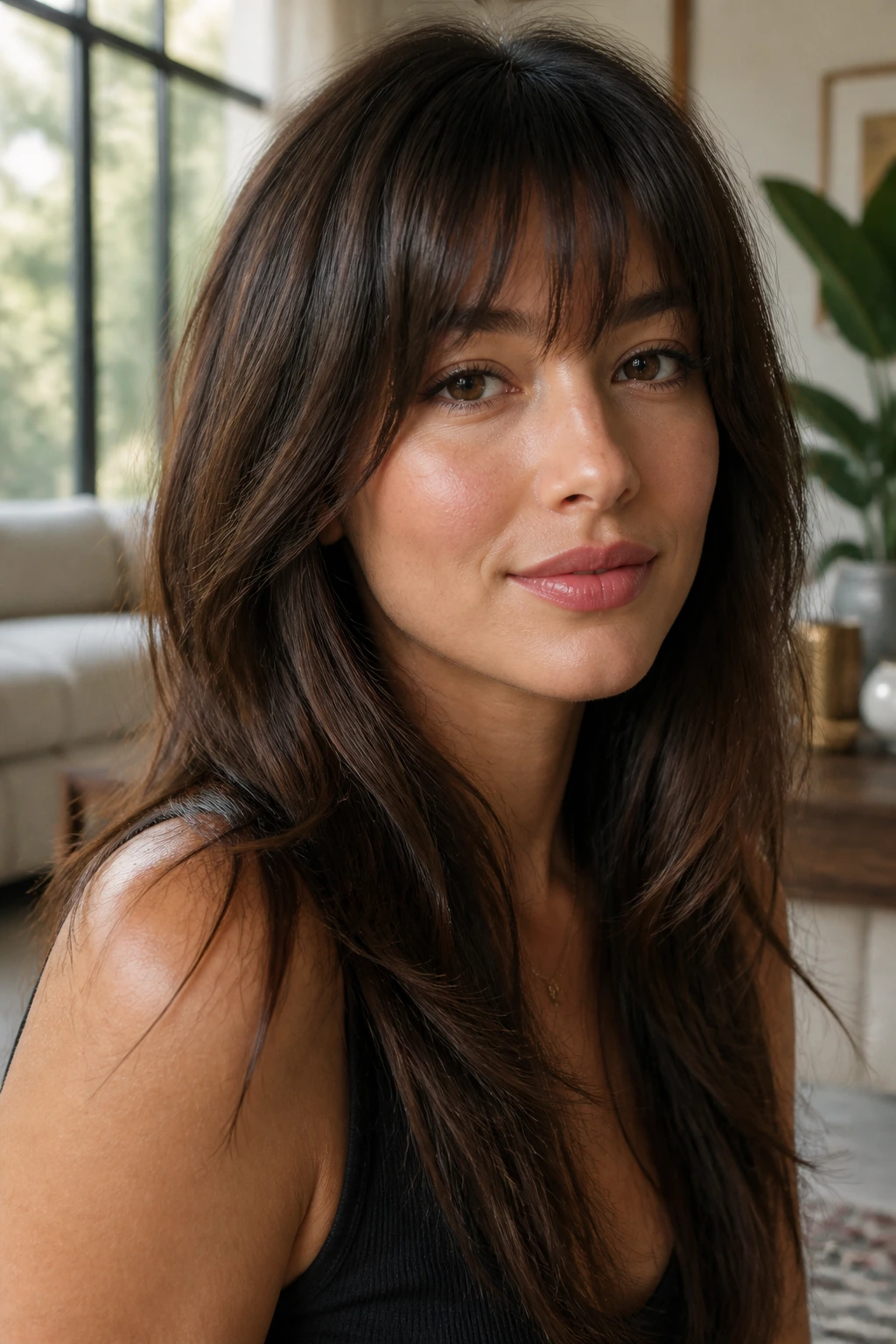 Woman with feathered brow-grazing fringe in bright window light