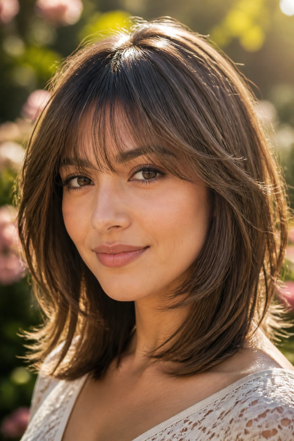Close-up of feathered fringes on a real woman in golden hour light