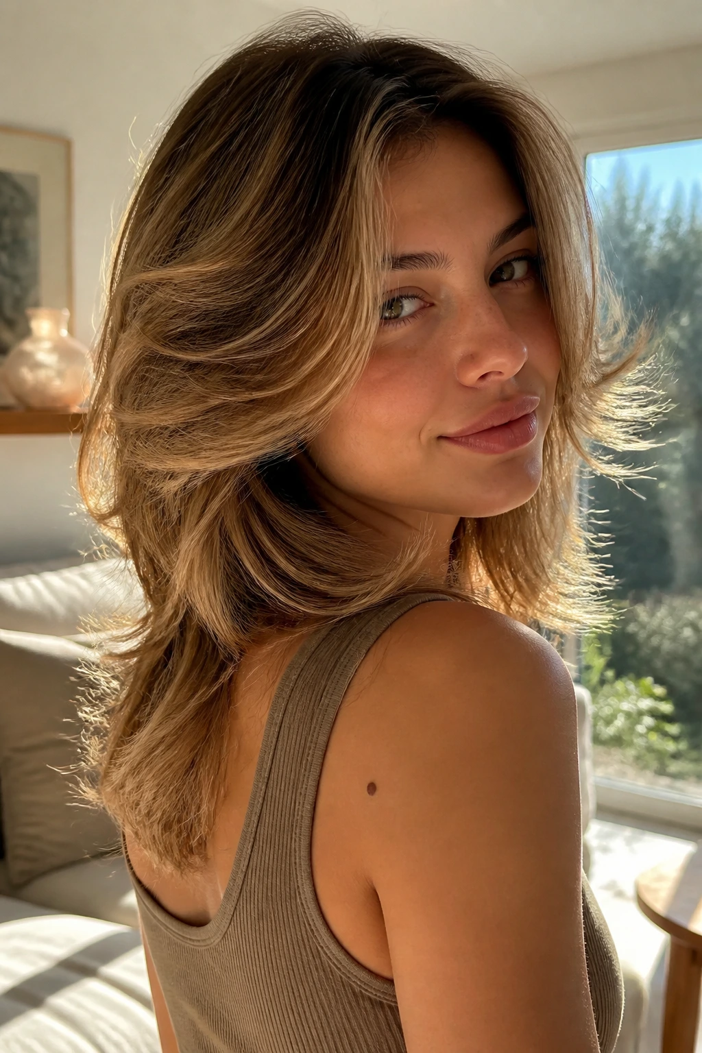 Close-up portrait of a real woman with Feathered Layer Shag, soft layers sweeping back from the face in bright light.