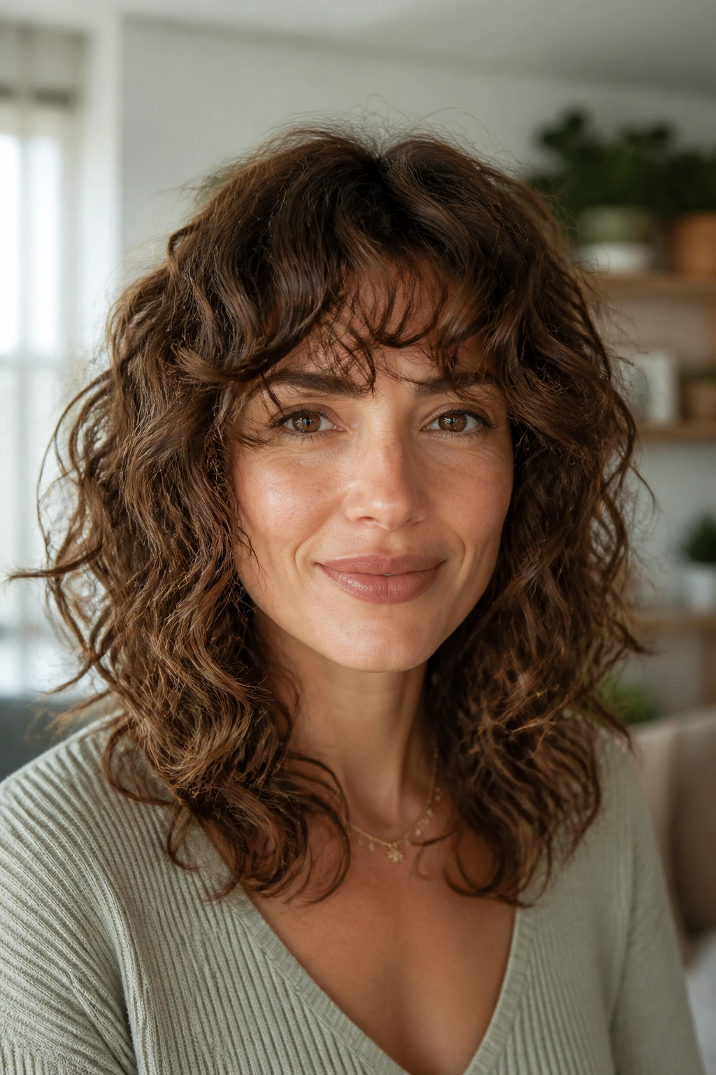 Close-up portrait of a real person with feathered layered curls in bright daylight.