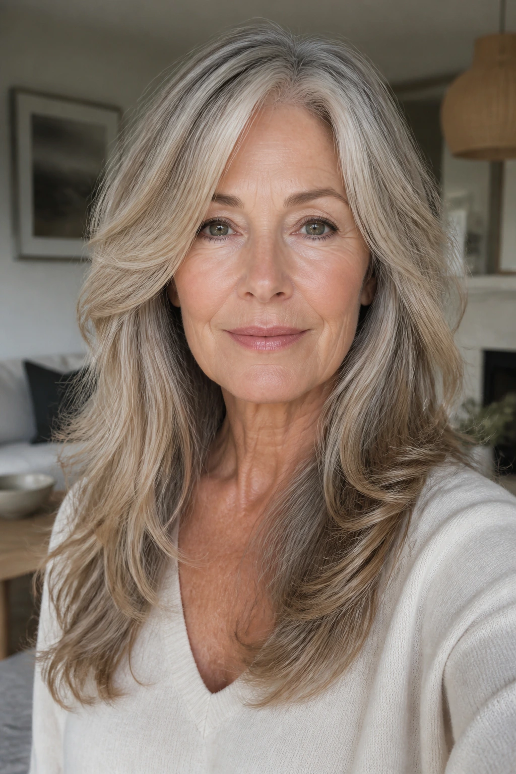 Portrait of a woman with long feathered layers framing the face
