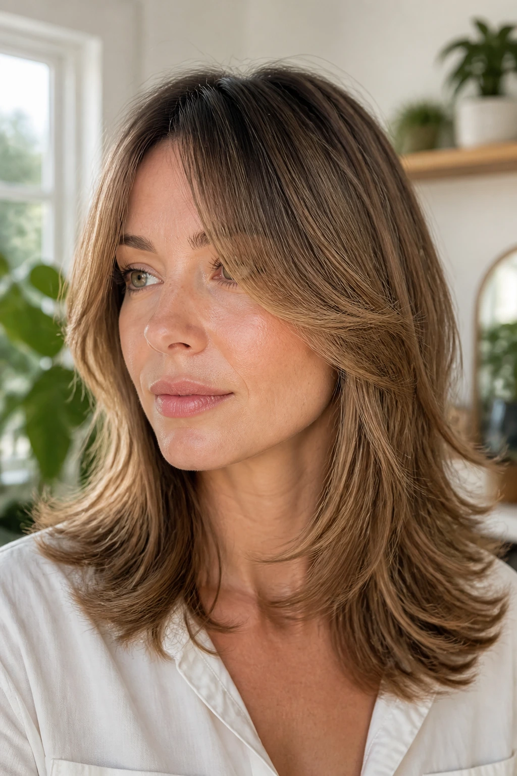Portrait of a real person with feathered layers and soft texture.