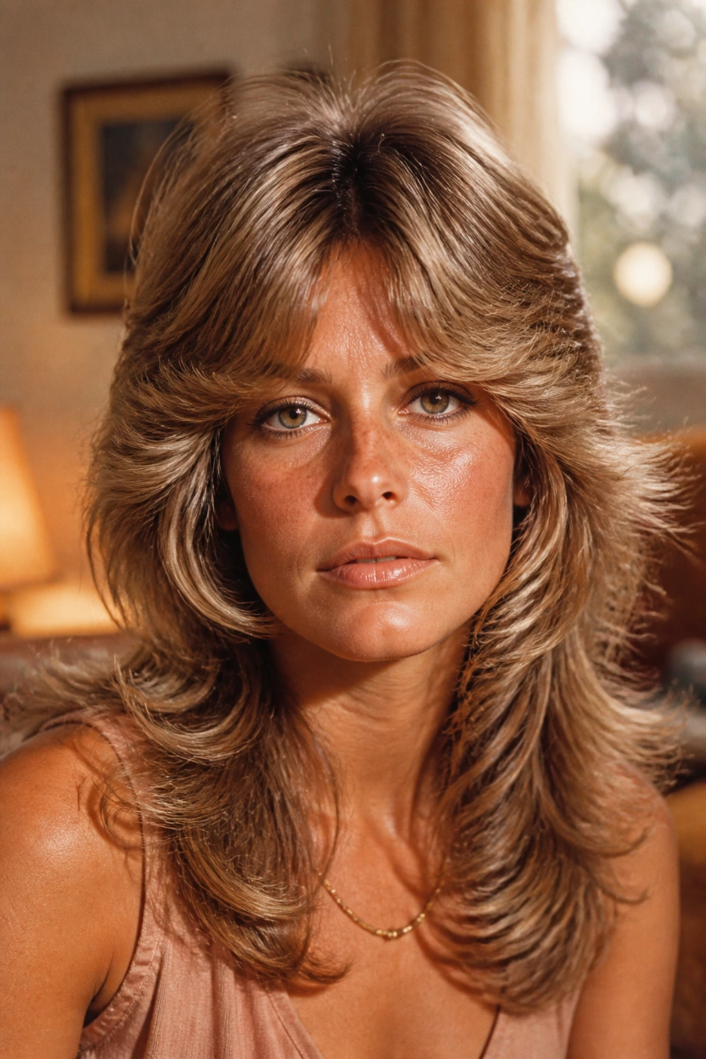 Close-up portrait of a real woman with classic 70s feathered shag featuring face-framing layers and voluminous crown