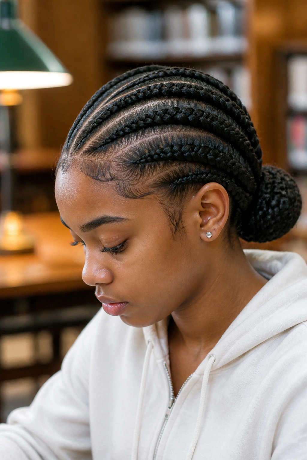 Close-up portrait of teen girl with feed-in braids forming a low bun