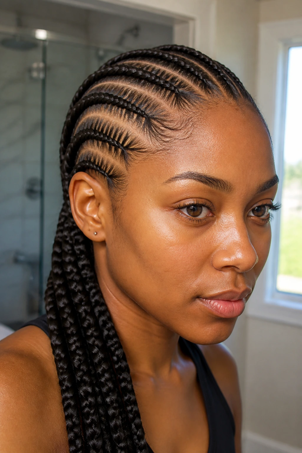 Close-up portrait of a real person with feed-in braids starting at the hairline