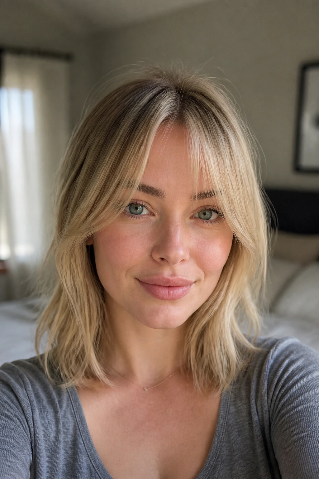 Close-up of a real person with fine hair and airy curtain bangs