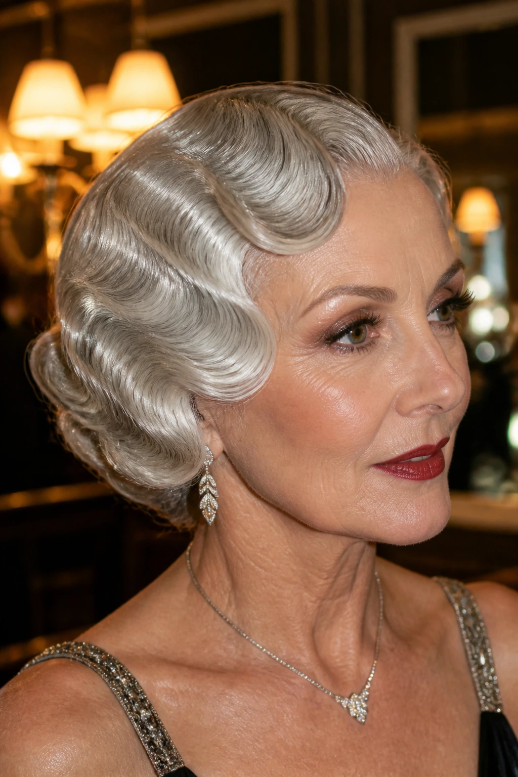 Close-up of brushed silver finger waves on a real person