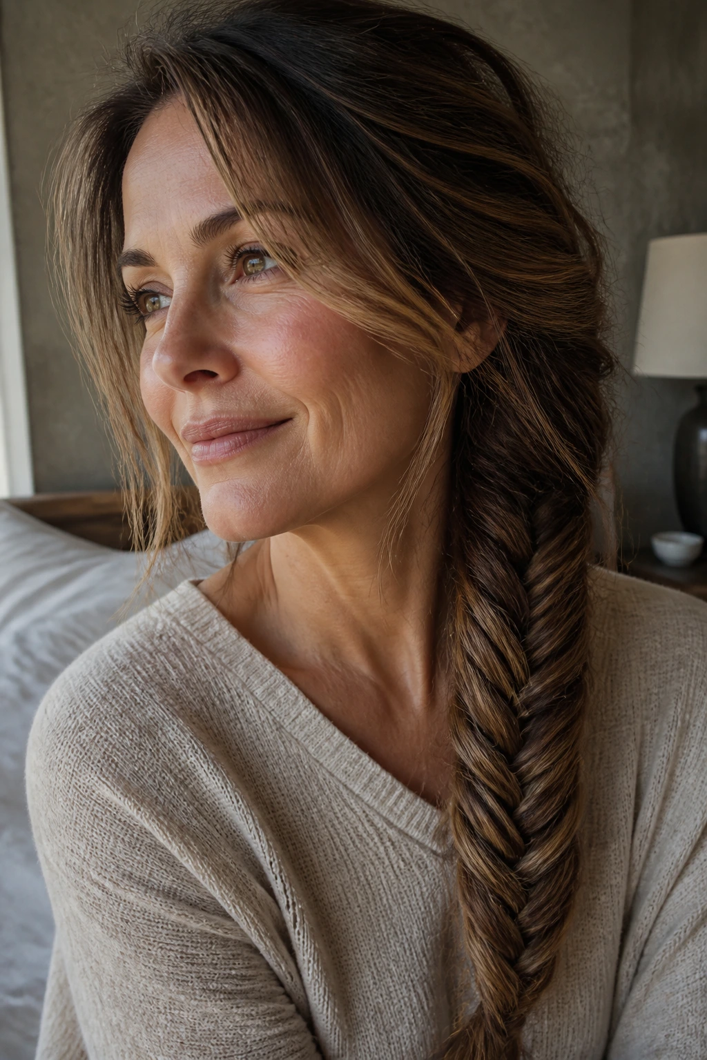 Close-up of a real woman in her 40s with a long fishtail braid over her shoulder