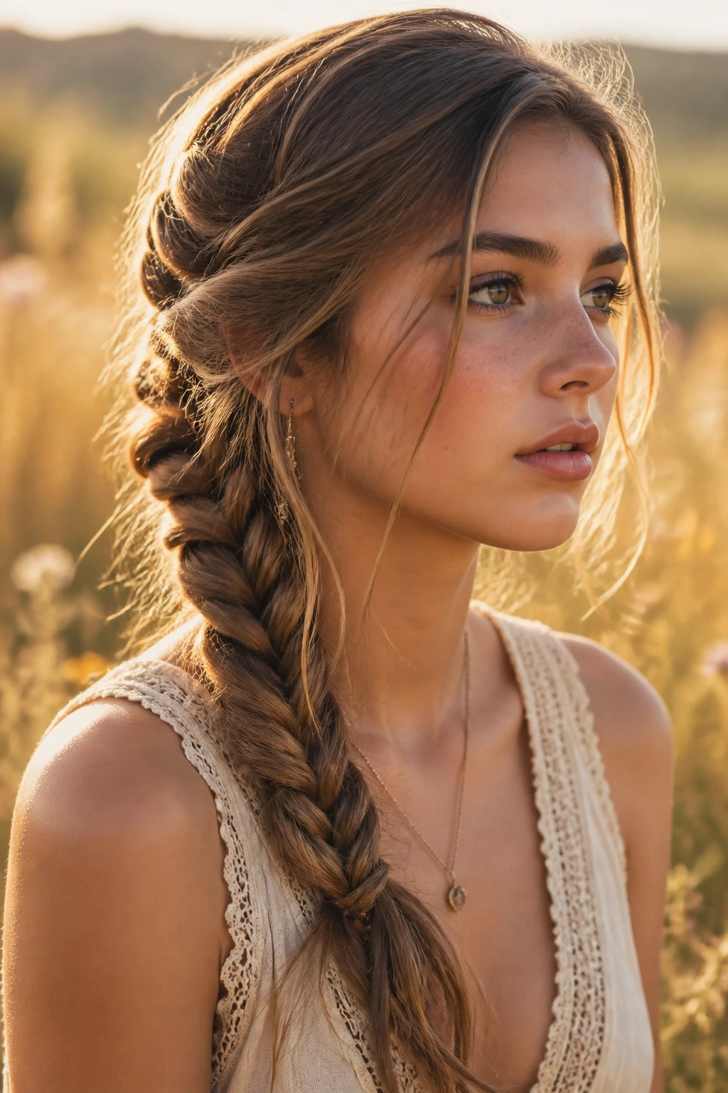 Teen girl with boho fishtail side braid in a sunlit meadow