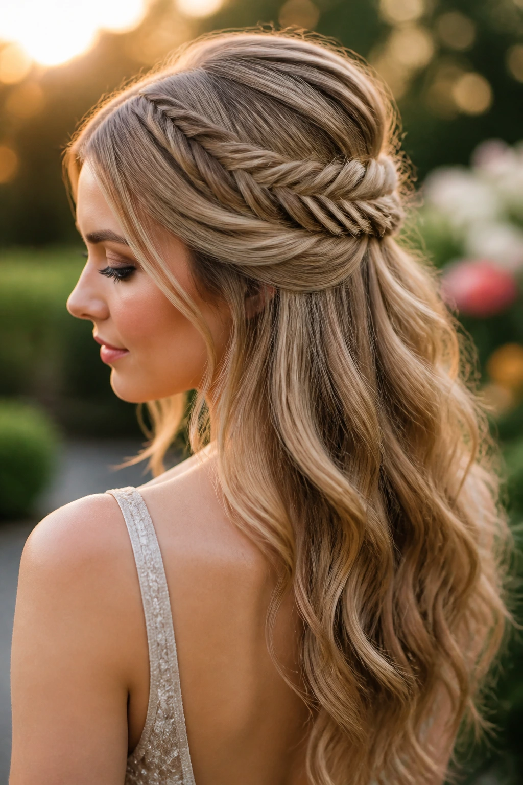 Close-up of a real woman with a fishtail half-up hairstyle