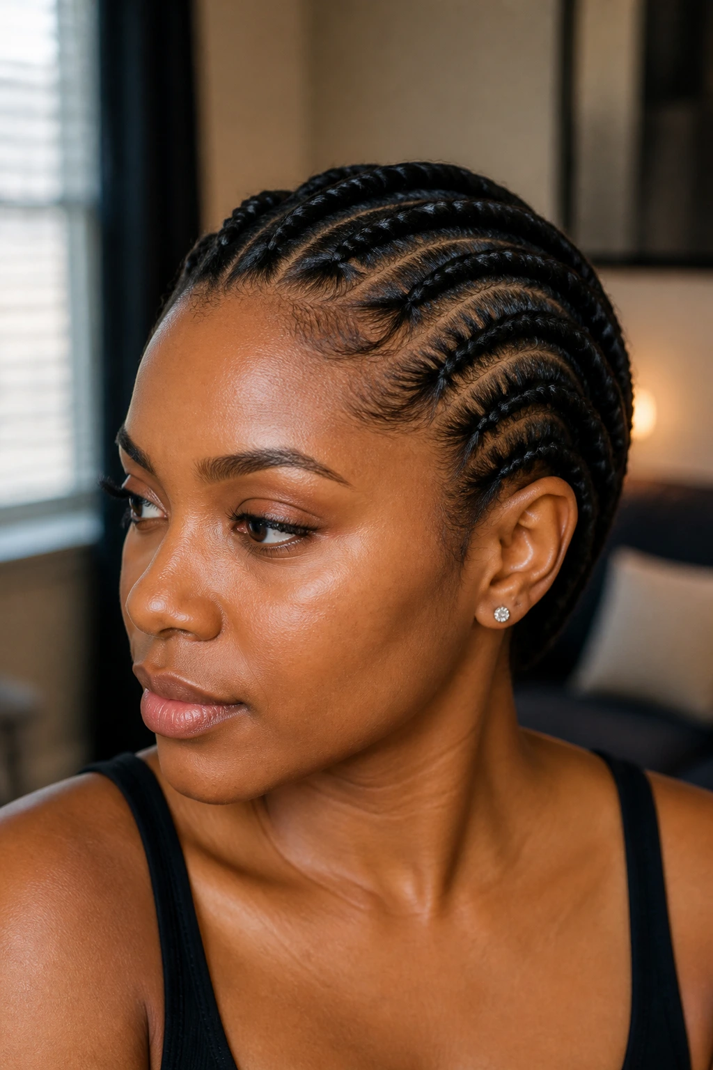 Real woman with flat twists close-up filling the frame.