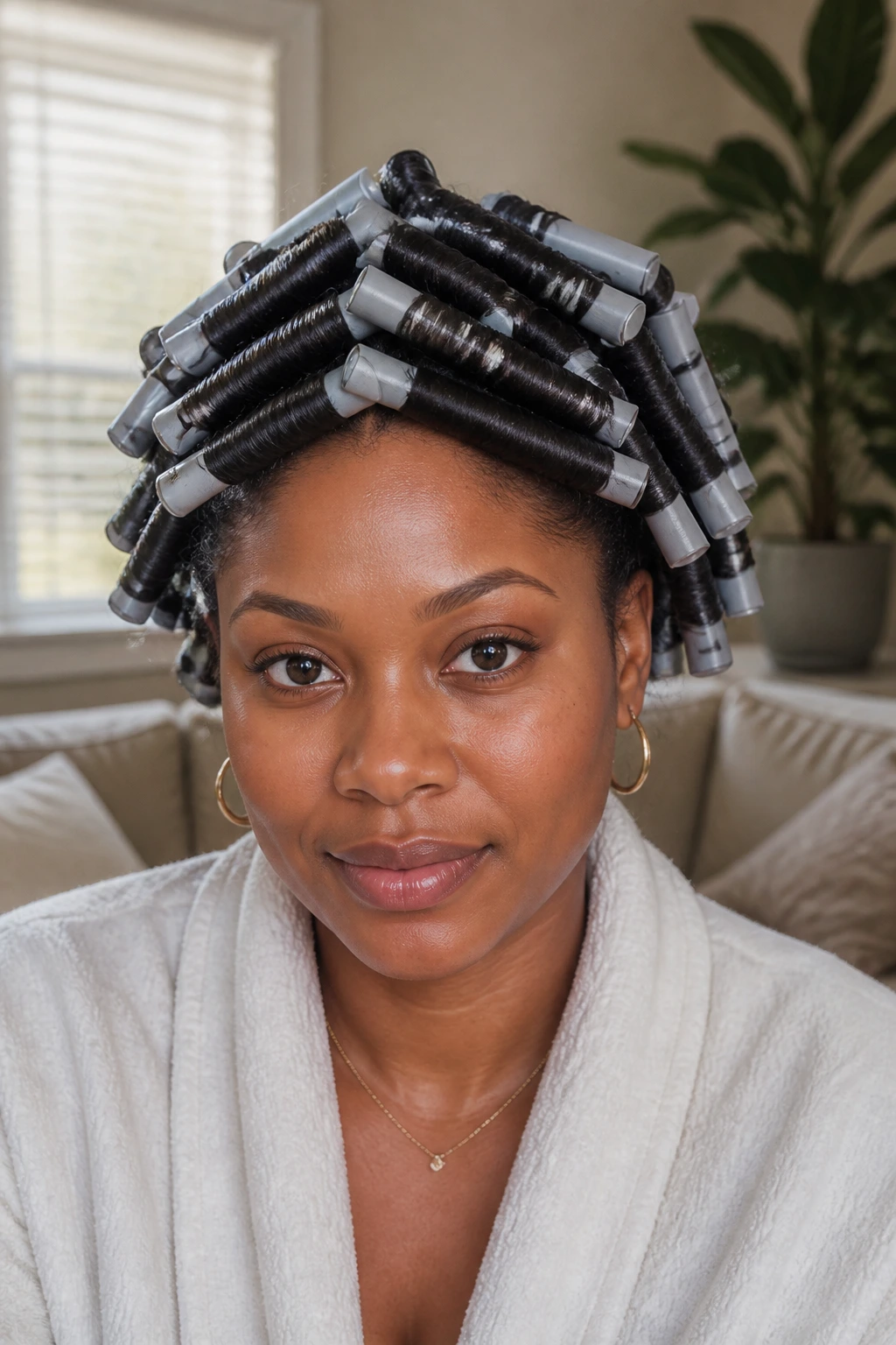 Real person with flexi rod set showing uniform curls