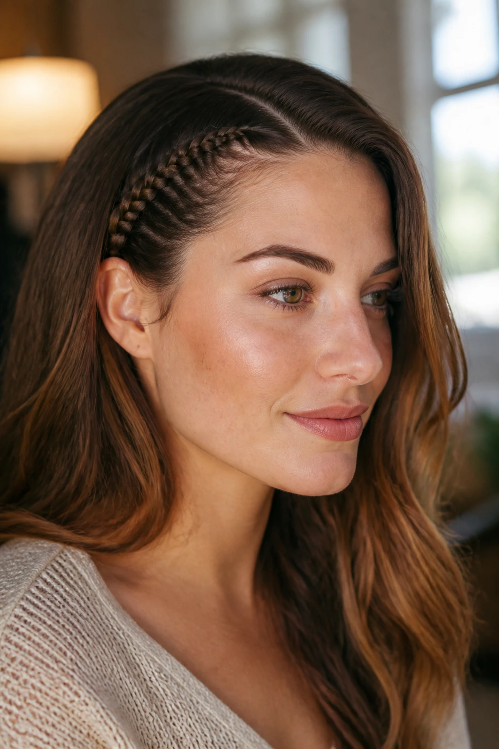 Close-up of a subtle French braid accent behind the ear on a real person