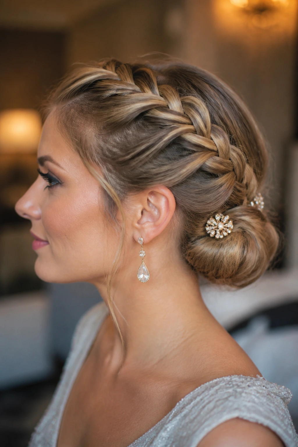 Close-up of a real woman with a French braid leading into a low chignon