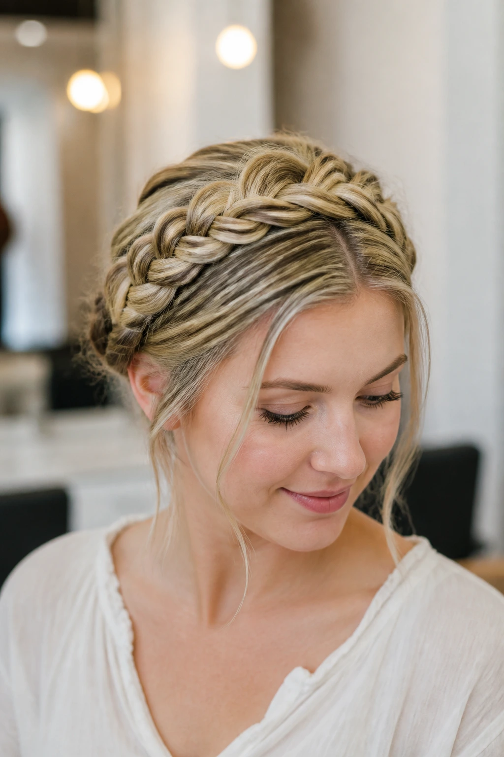 Real woman with two French braids forming a crown across the head