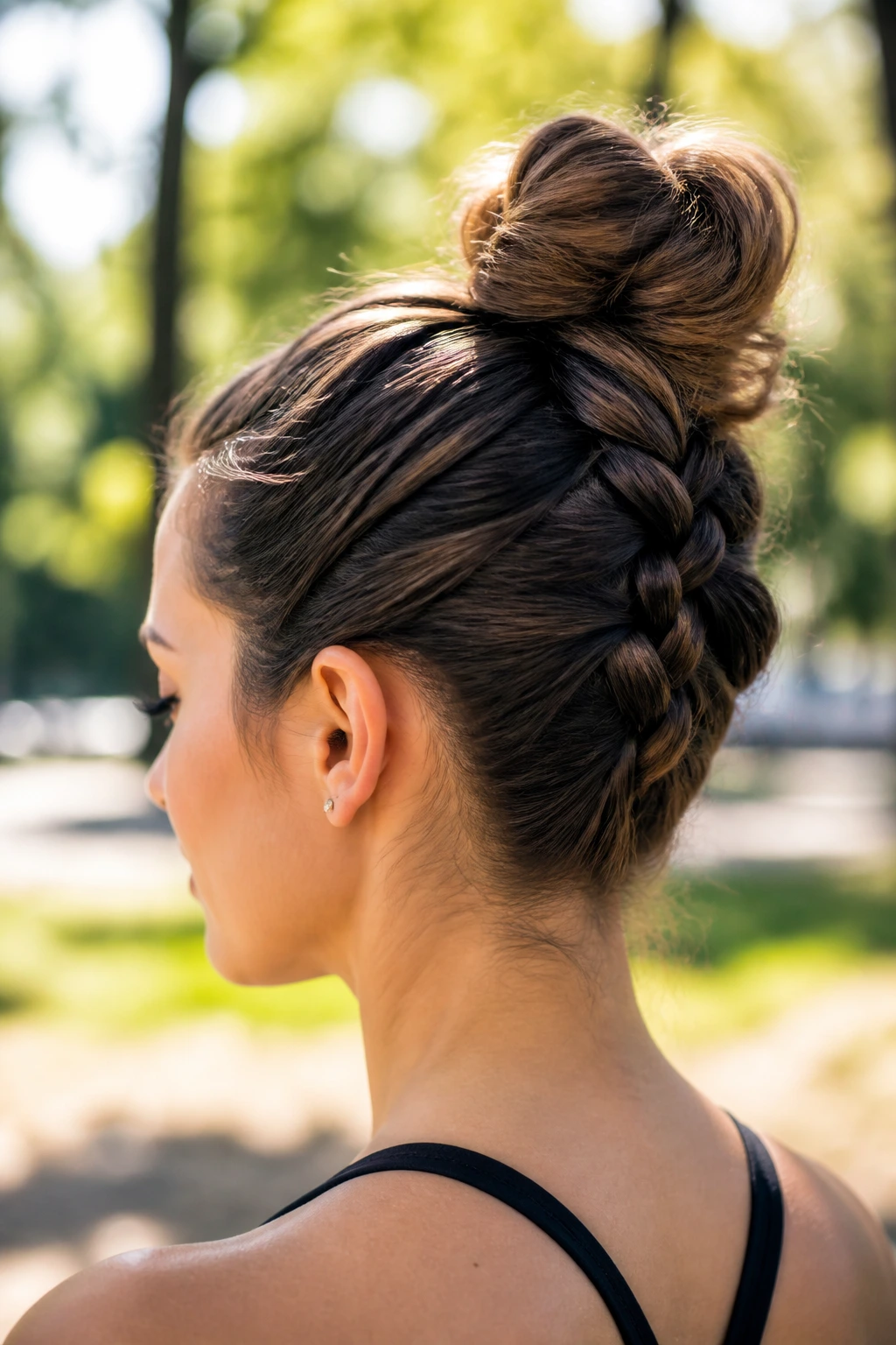 Close-up of a real woman with a high bun created by a crown-reaching French braid