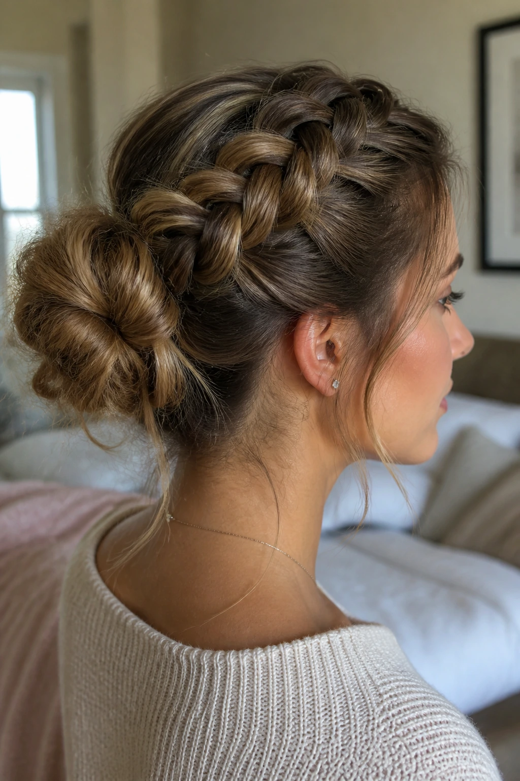 Close-up of a real woman with a French braid that ends in a loose bun at the nape