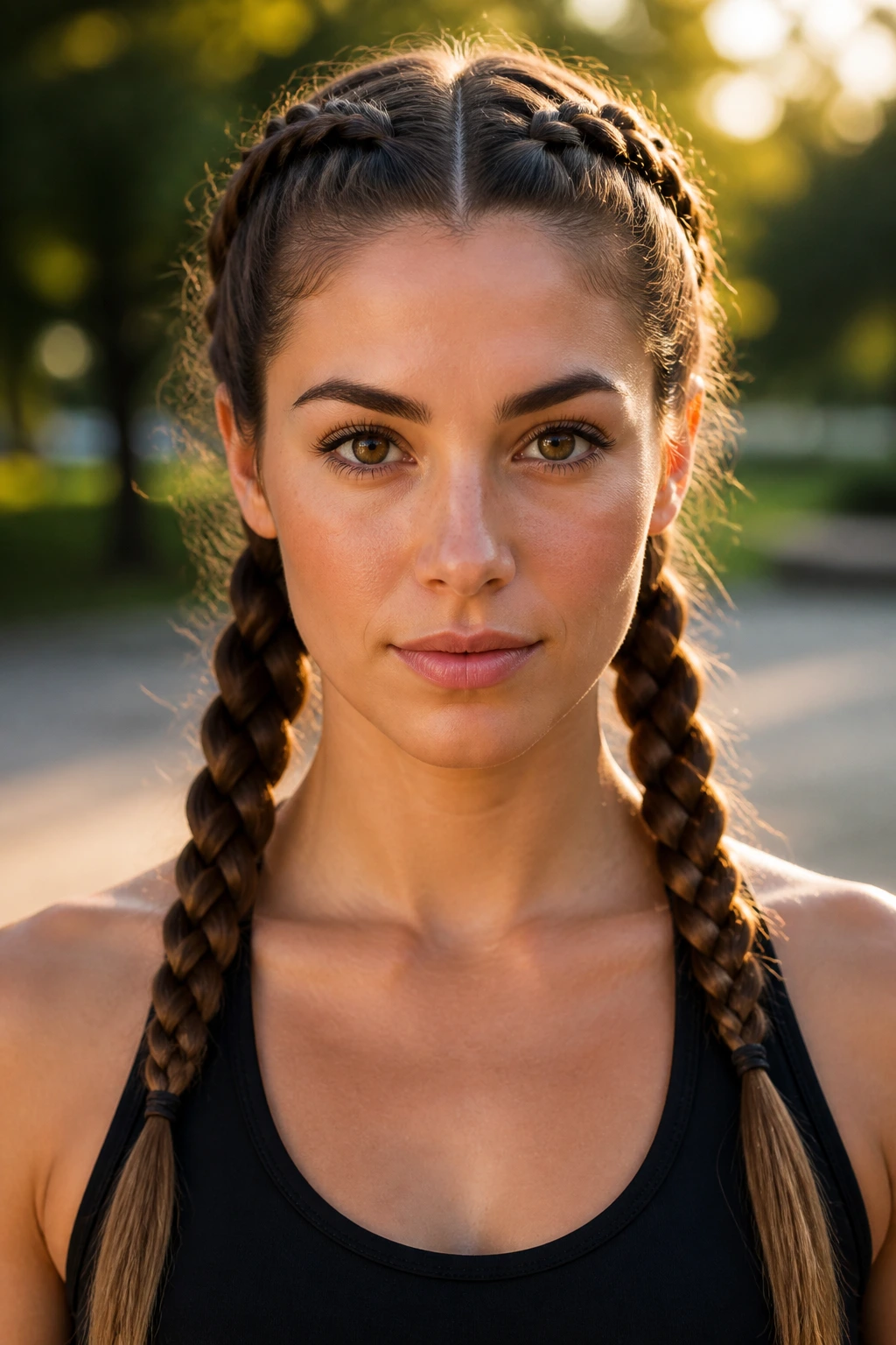 Close-up of a real woman with two French braid pigtails