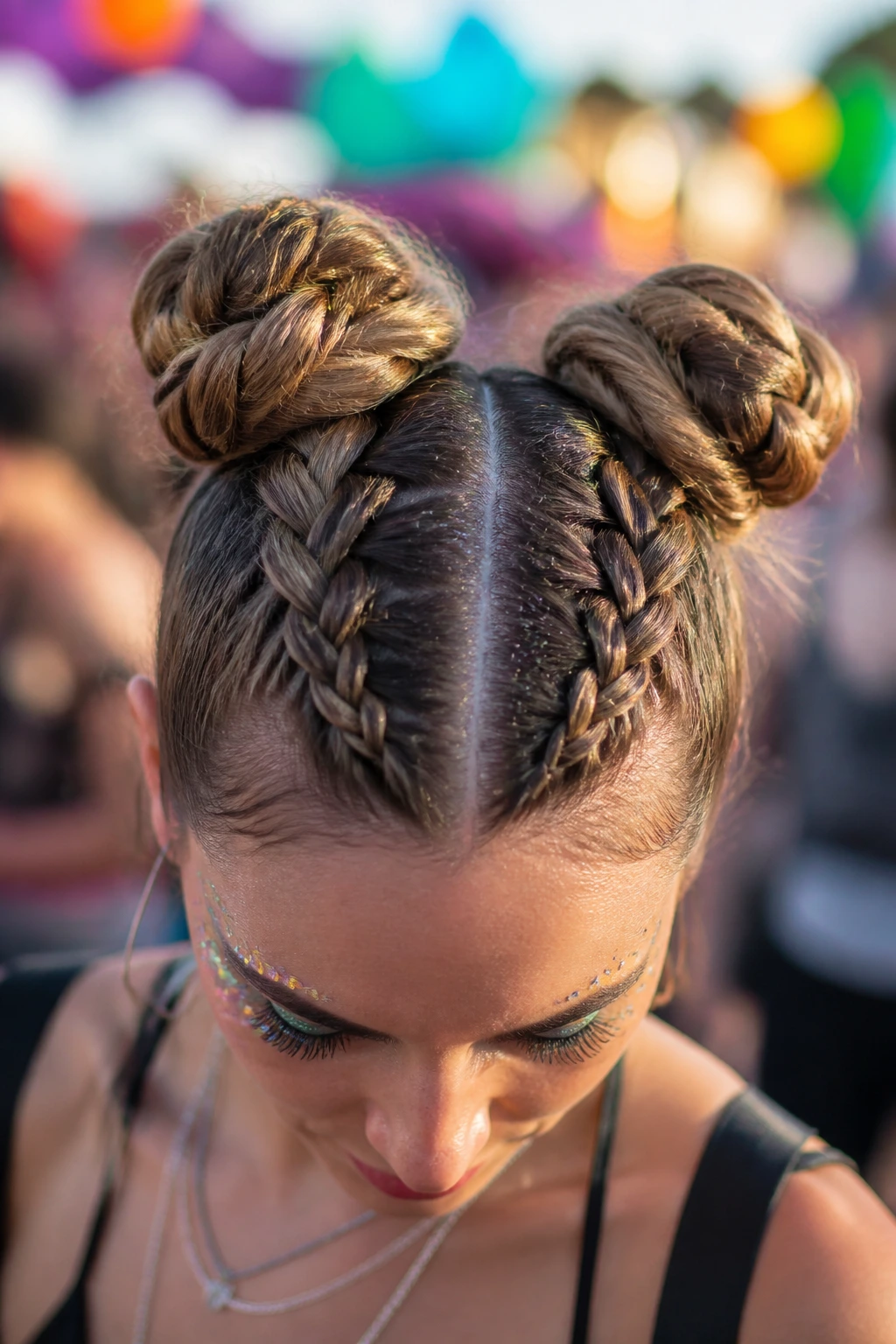 Close-up of a real woman with French braid space buns at the crown