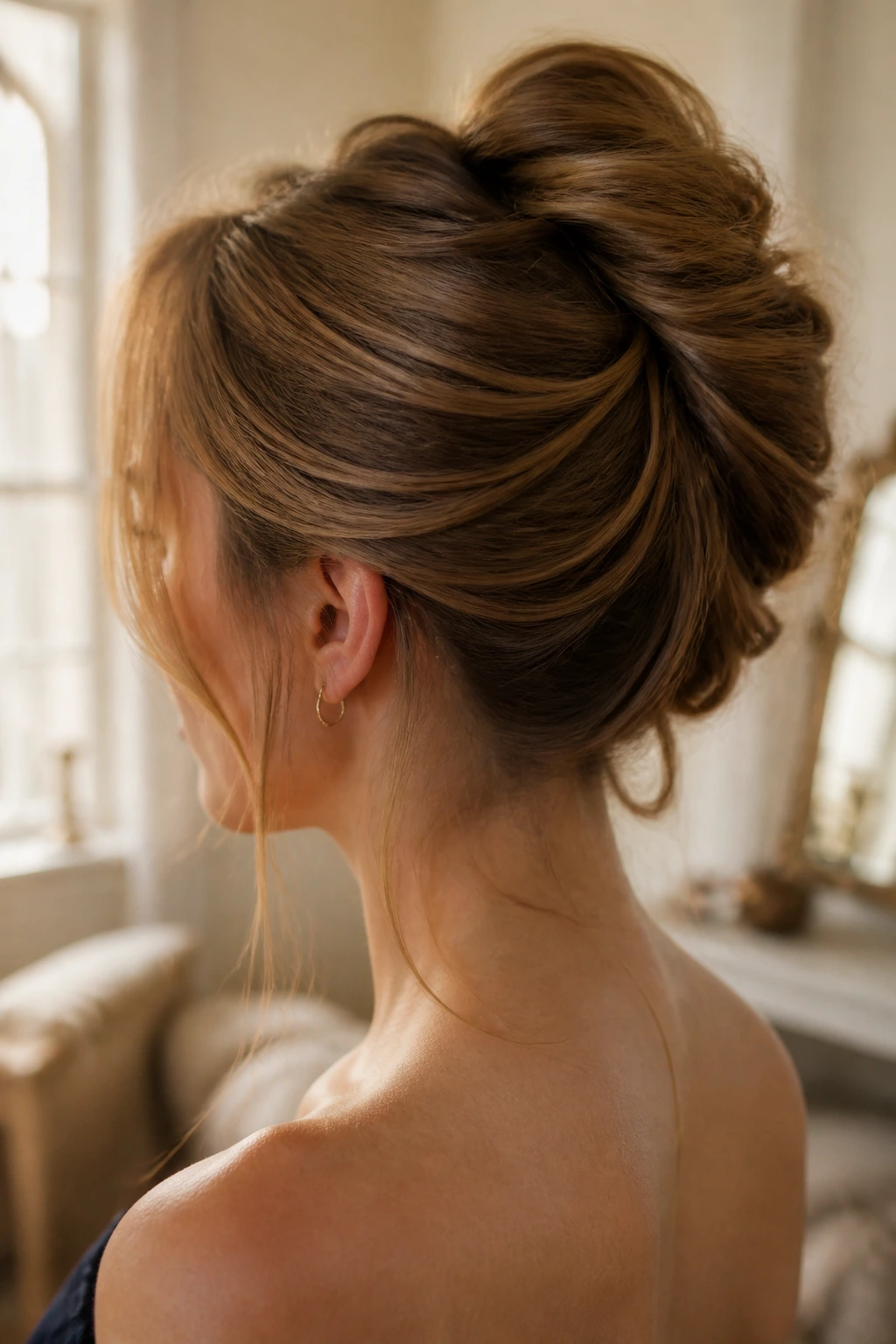 Close-up of a woman with a loose modern French twist pinned at the back