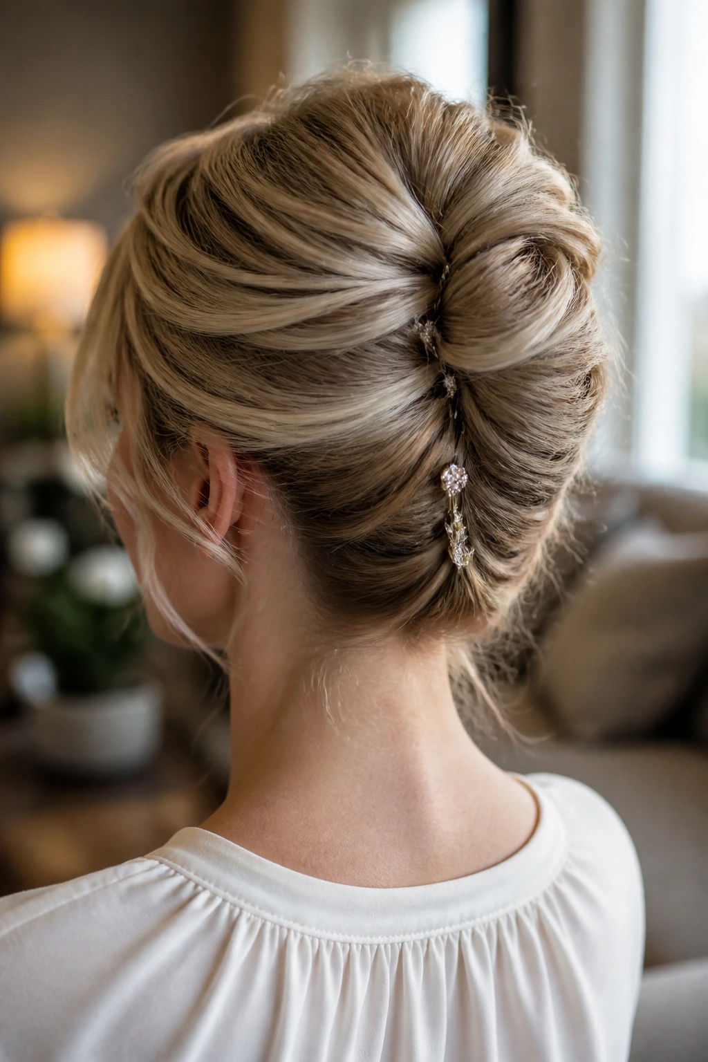 Back view of a real woman in her 40s wearing a French twist hairstyle