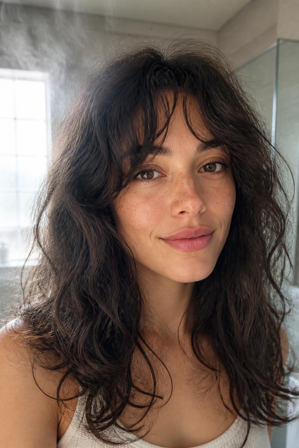 Close-up of a woman with frizzy curtain bangs in a humid bathroom setting