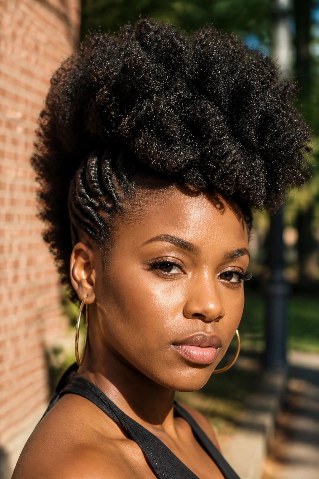 Close-up of a real person with a bold frohawk hairstyle outdoors