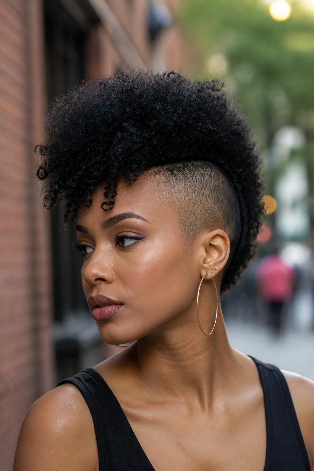 Close-up portrait of a Black woman with shaved sides and curly frohawk
