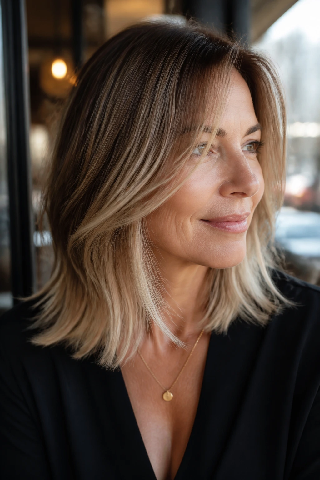 Close-up of a real woman with modern frosted tips in an urban setting