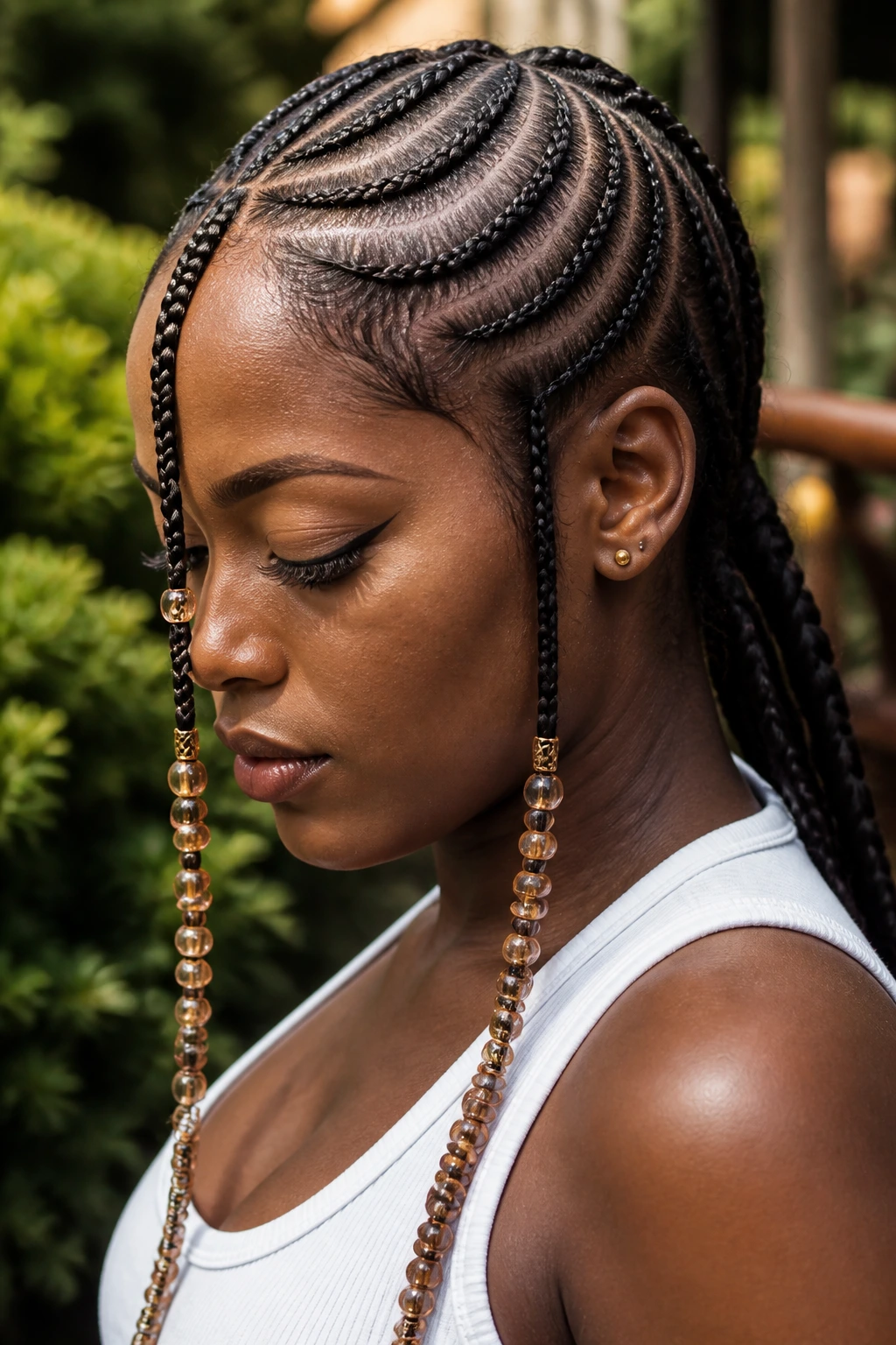Real woman with Fulani braids featuring a central long beaded braid