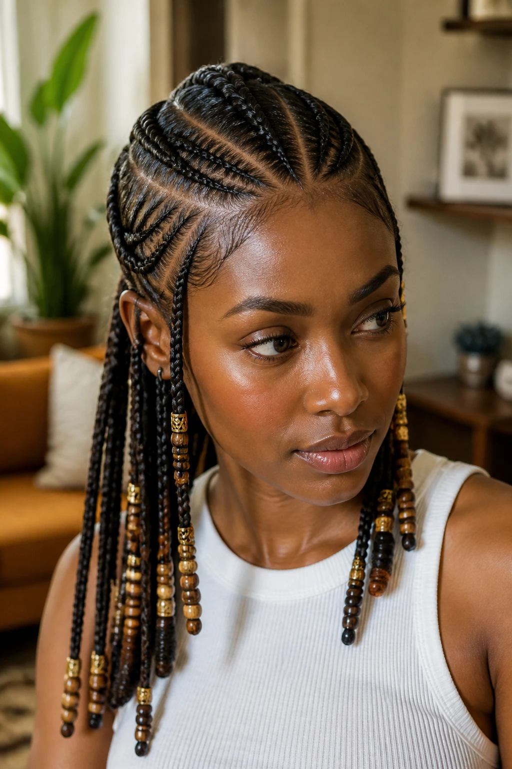 Close-up portrait of a real person with Fulani braids and beads
