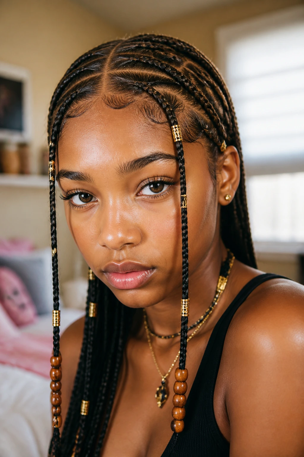Close-up portrait of teen girl with Fulani-inspired braids featuring center part and bead cuffs
