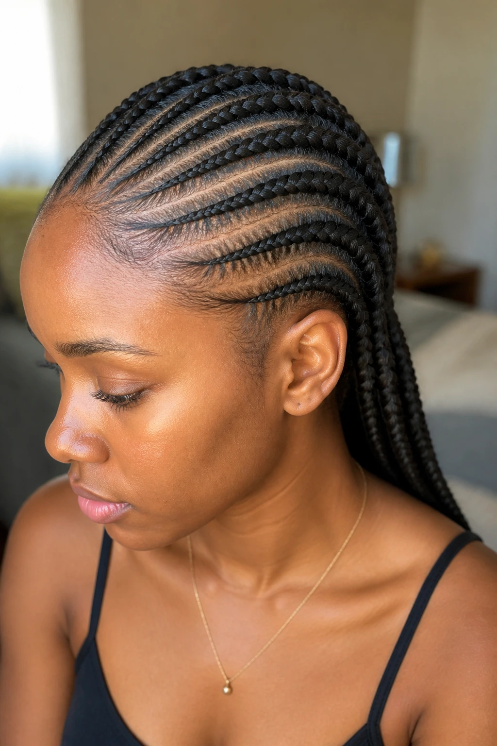 Close-up of Ghana braids feed-in cornrows forming gradient on a real person
