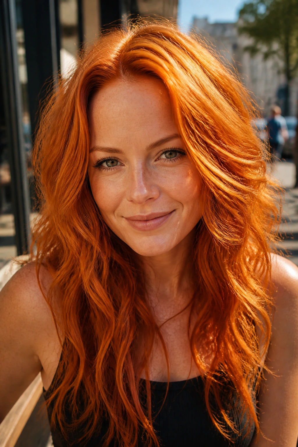 Close-up portrait of real person with vibrant ginger spice hair in sunlight