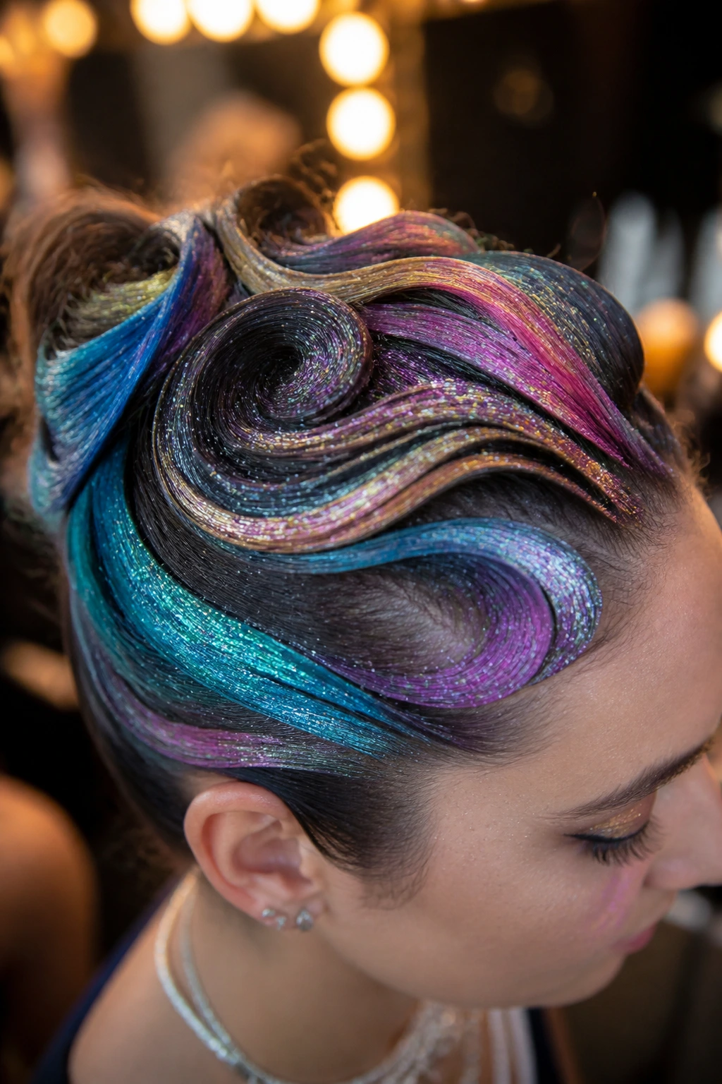 Hair swirls with glitter-infused color on crown area