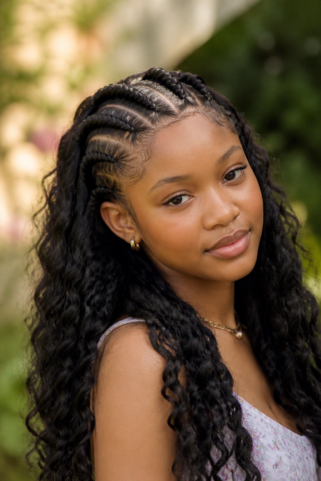 Close-up portrait of teen girl with goddess braids and loose extensions