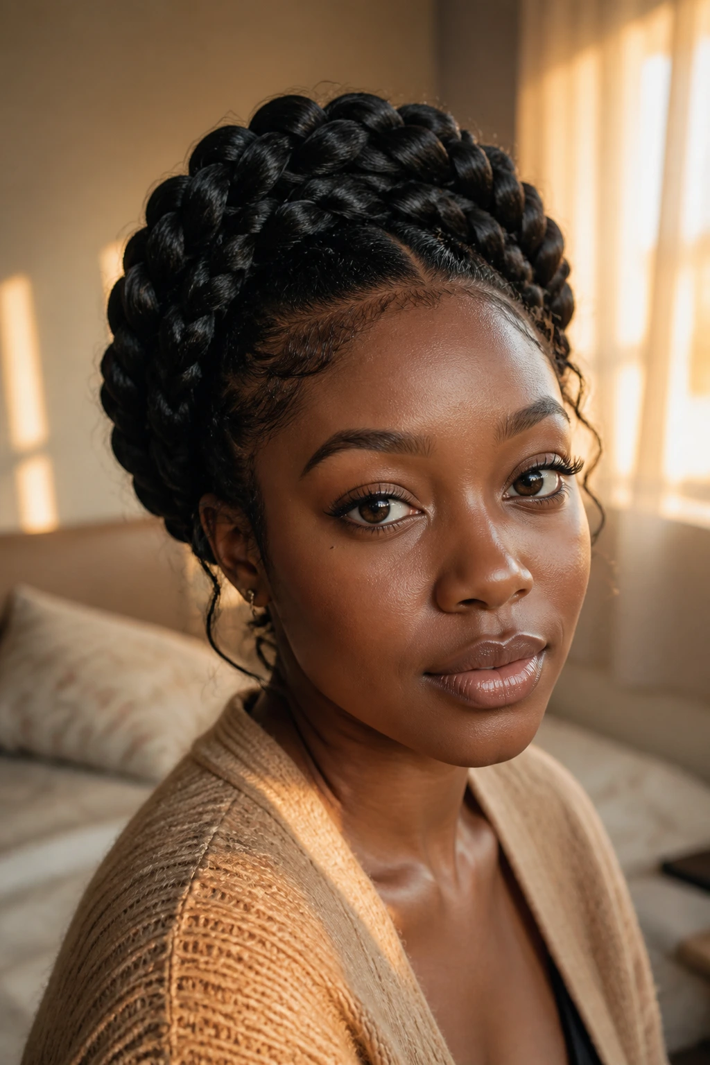 Close-up portrait of a real person wearing large goddess braids in an updo halo